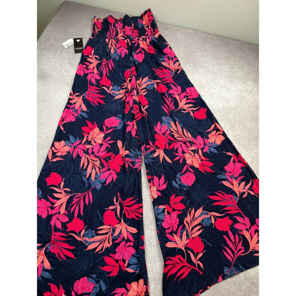 NWT Guess Miya Palazzo Pants Women M Floral Nirvana Fuchsia Navy Wide Leg Light